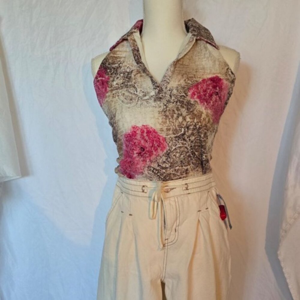 Sleeveless Collared Unique Rose Top, Pink and Brown, Vintage, Office Siren